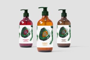 BA Graphic Design work by Lauren Kirby showing 3 bottles of mocked up Body Shop liquids with designed labels