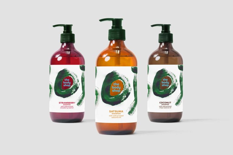 BA Graphic Design work by Lauren Kirby showing 3 bottles of mocked up Body Shop liquids with designed labels