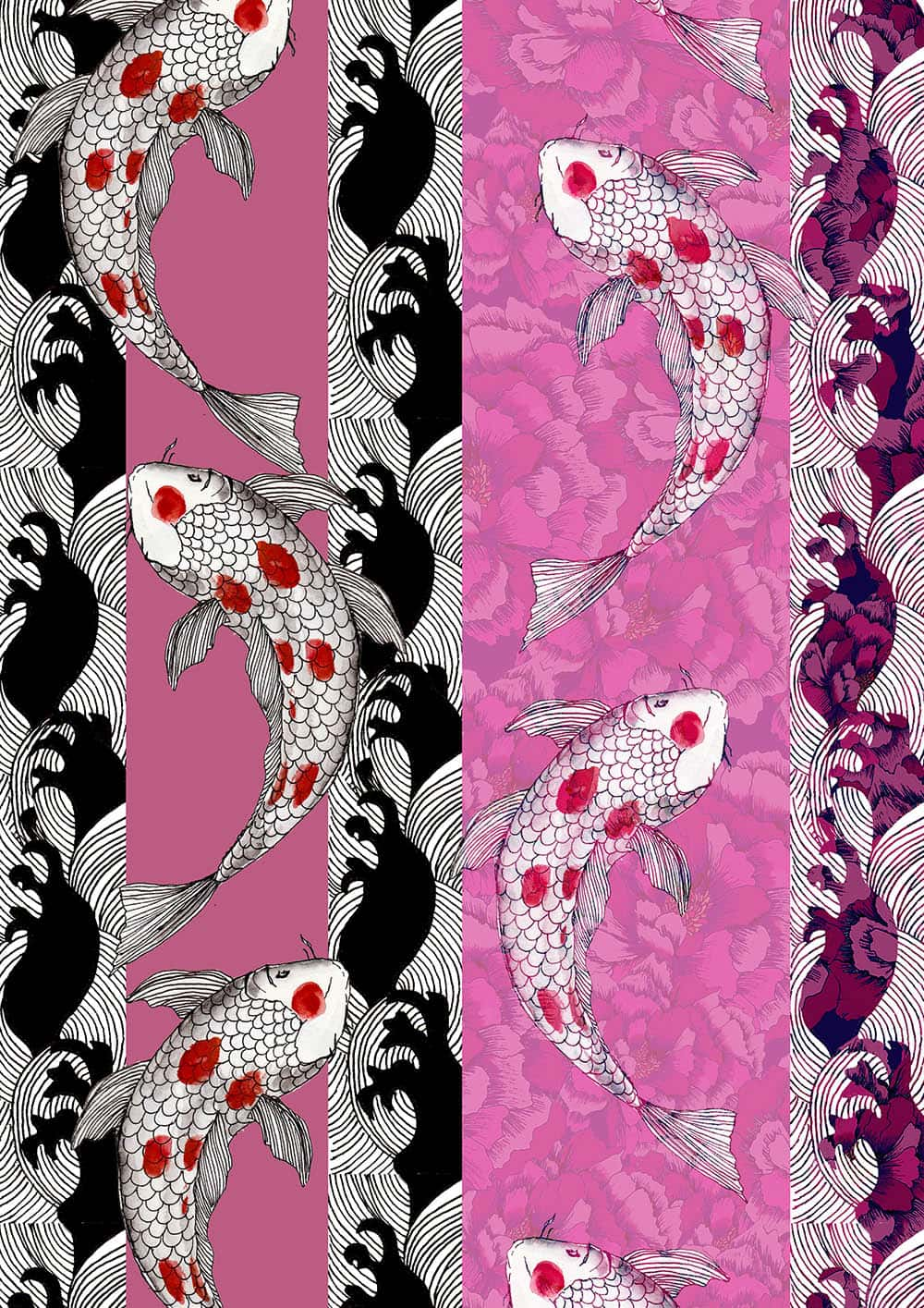 Printed textile design in pink, purple and black showing strips of colour with fish swimming along in a repeat pattern