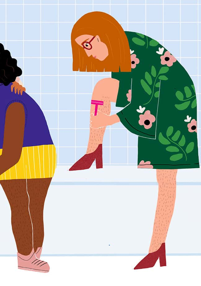 Illustration showing two women in a pale blue bathroom and one is shaving her legs