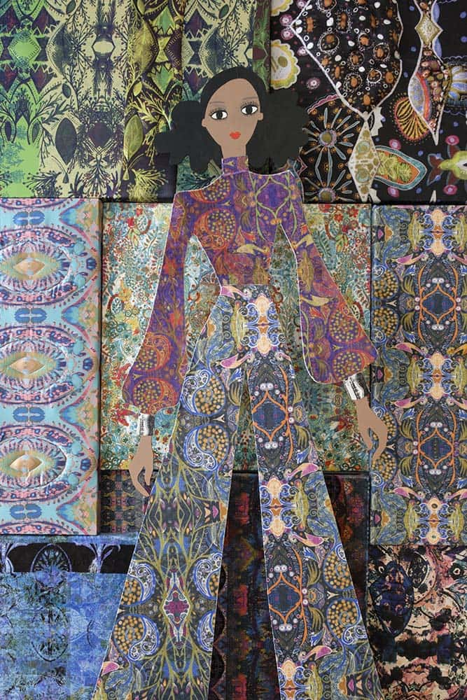 MA Textile Design work of a highly patterned wall with a wooden female figure in front wearing clothes in the same patterns