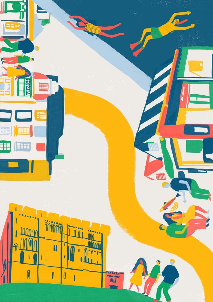 Illustration in bright colours showing elements of Norwich city, the castle and market