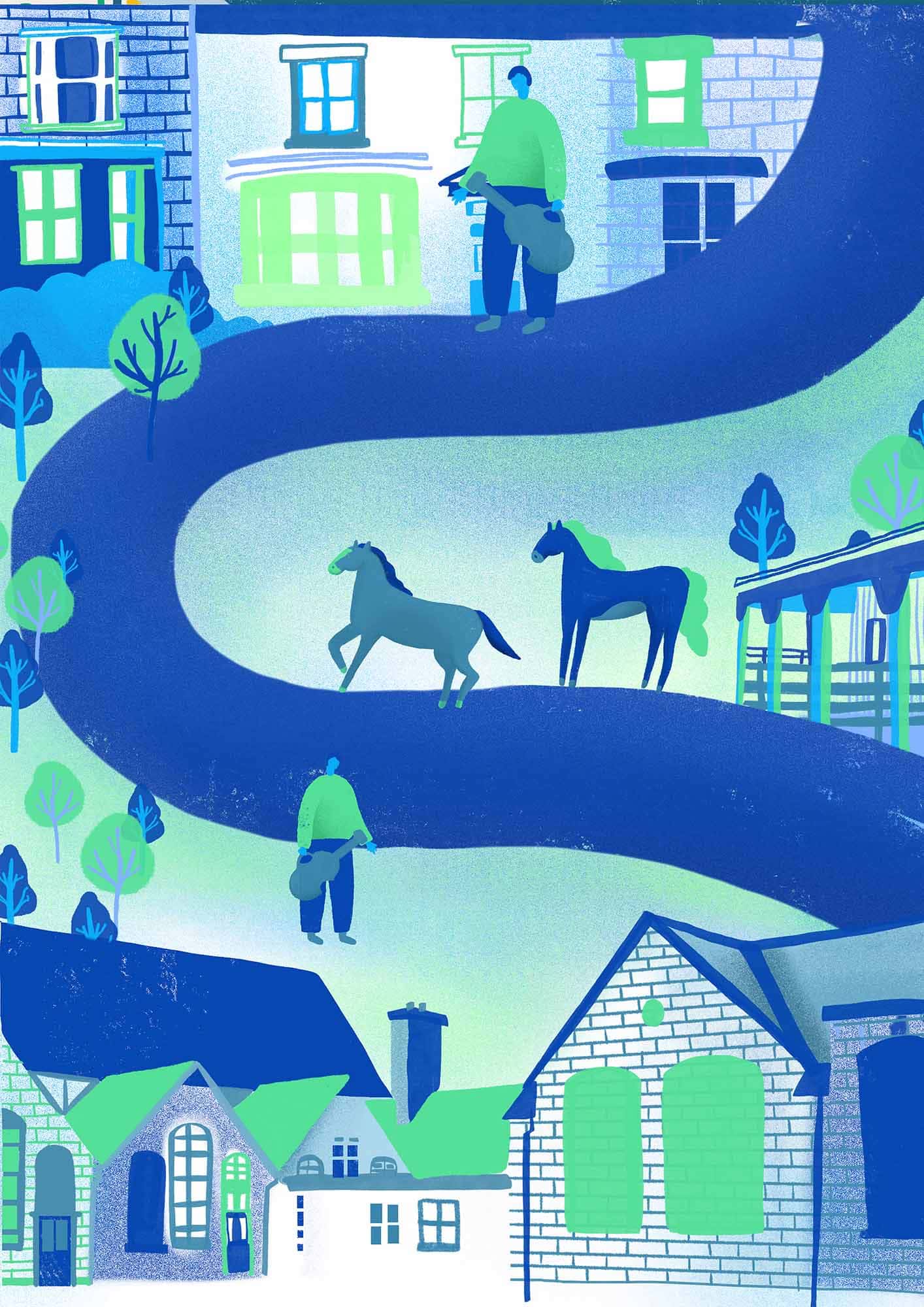 Illustration in bright blue and green showing a path weaving down the image with buildings, people and horses