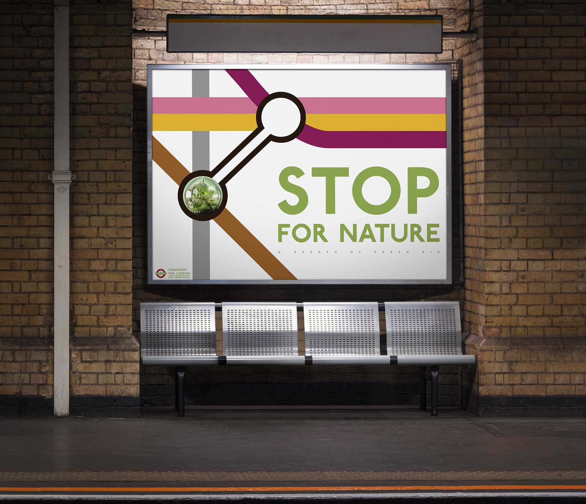 Mockup of a London underground platform showing metal seats underneath a sign that reads Stop for Nature