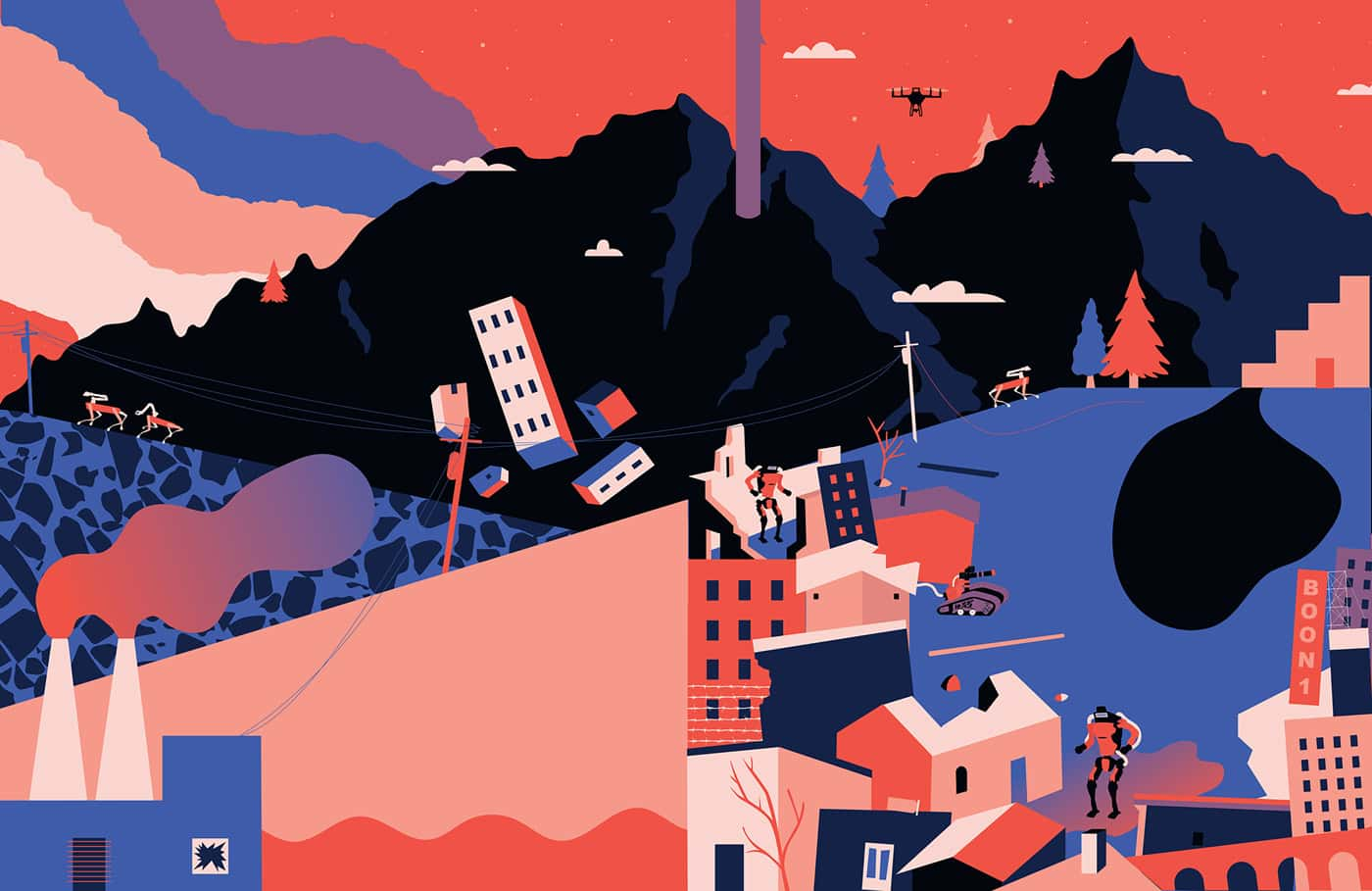 Illustration by BA Design for Publishing student Ellie Hawes. A digital, flat colour illustration using blue, pink and black colours and tints. Depicting a mountainous landscape juxtaposed with a cityscape