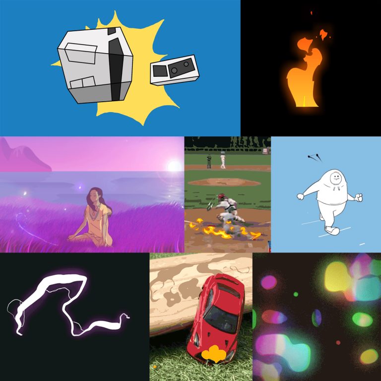 A collage of animated scenes: an exploding game console, a flaming figure, a woman in a purple field, a baseball game, a simple cartoon character walking, abstract white shapes on black, a red car hitting a log, and colorful light bokeh on black.