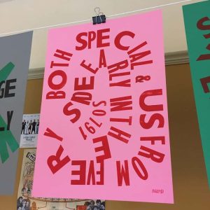 Letterpress print on pink paper. Red text spells out 'Both special and us from every side early in the so791' in a swirling circle. By BA Illustration student Rach Lloyd