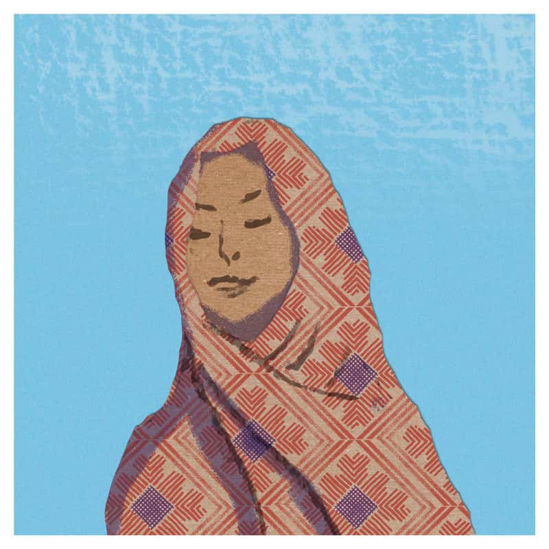 Illustration of a Muslim woman wearing an orange-red patterned hijab on a blue background by BA Illustration student Tamara Asidi