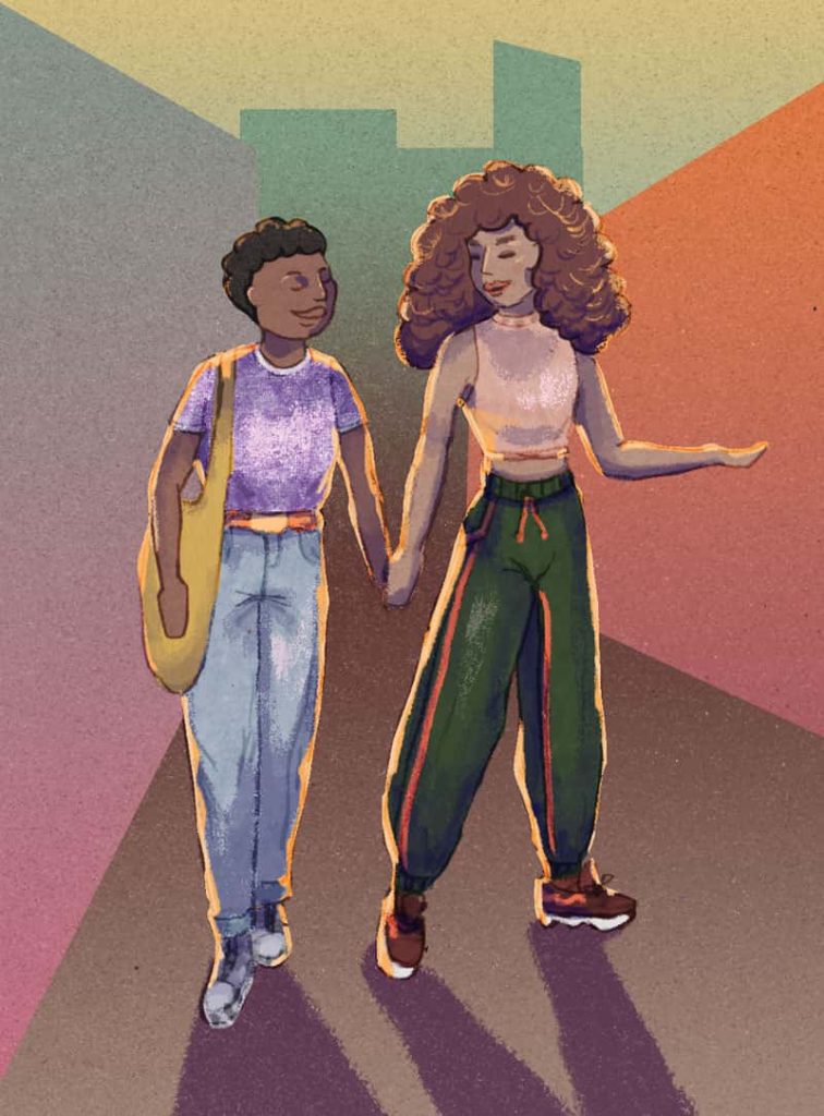 Digitally textured illustration of two girls, one black, one mixed, holding hands. By BA Illustration student Tamara Asidi