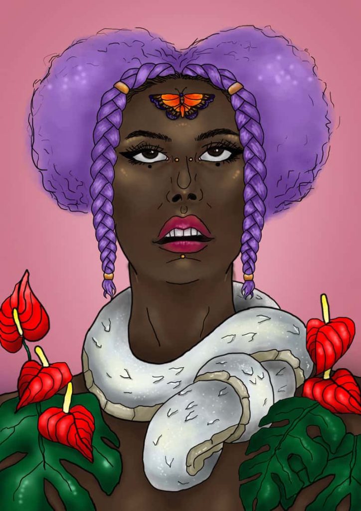 Digital illustration of a black woman with purple hair, a snake around her neck and green and red foliage. By BA Illustration student Tamara Asidi