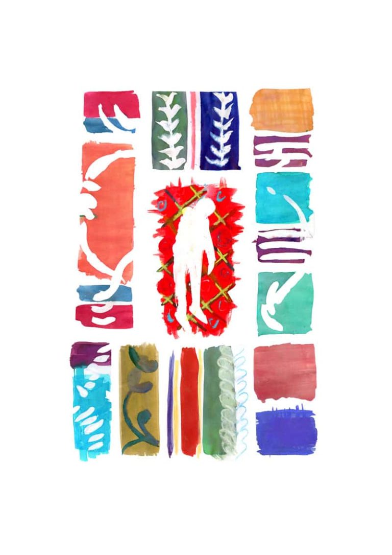 Colourful swatches of paint with elements of mark making by BA Illustration student Tamara Asidi