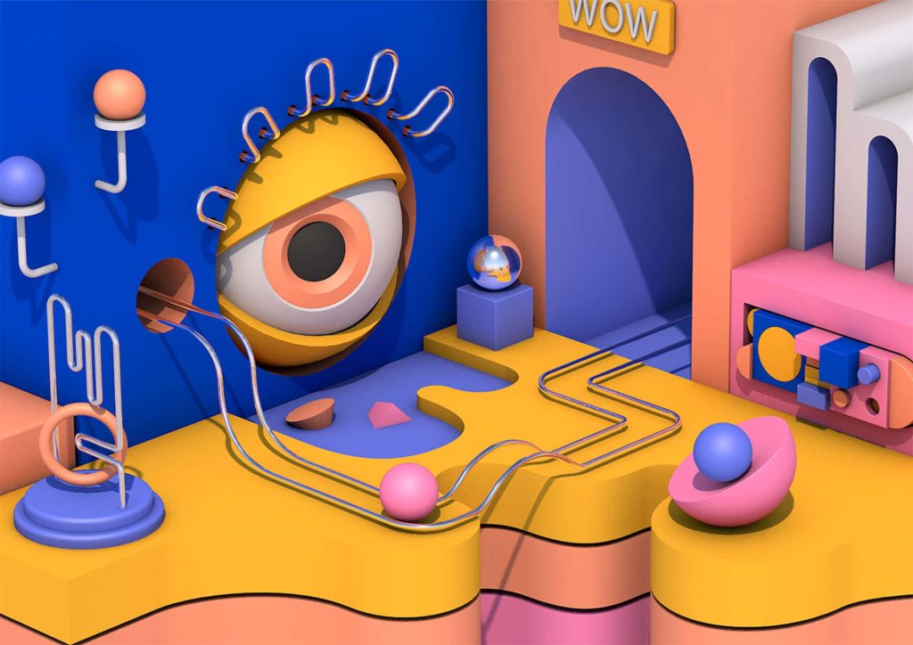 BA Animation work showing a colourful scene with a large eye and characters