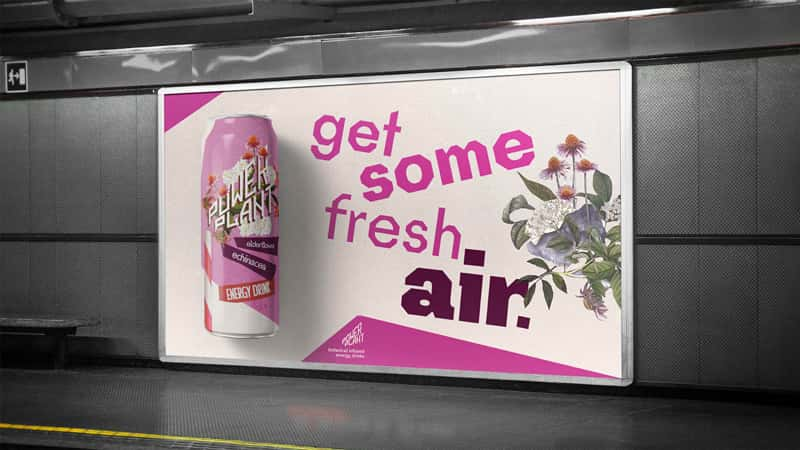 Billboard advertising design for Power Plant drinks, by BA Graphic Design student Tom French. A lone billboard in a public transport station says 'get some fresh air' in pink and purple lettering, alongside a mockup of the drinks can.