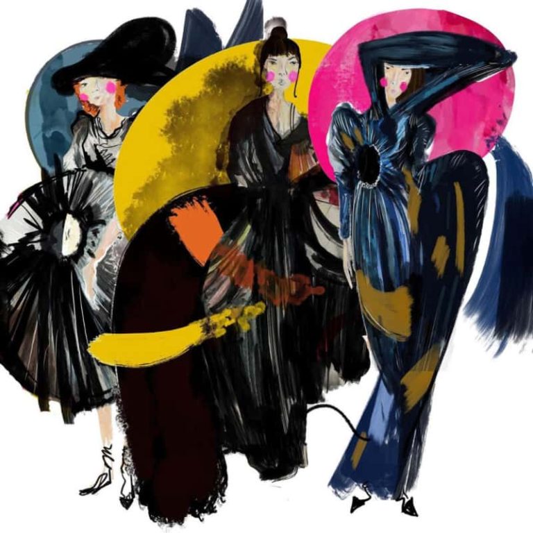 Fashion illustration of three conceptual avant-garde style garments by Emily Rose, BA Fashion. Womenswear with circular structures and angular headwear in black. The illustration has flashes of colour to define each garment