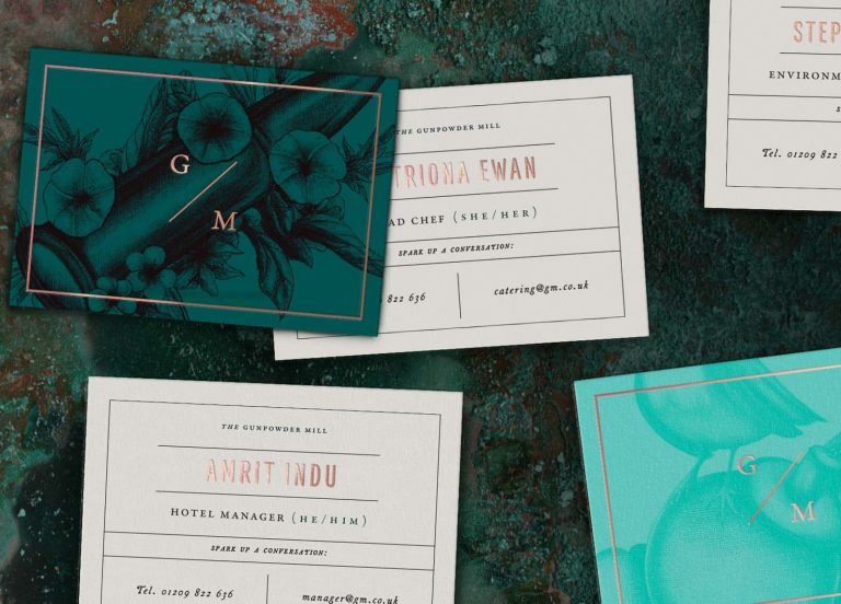 Business card design for conceptual luxury hotel brand The Gunpowder Mill. Cream, teal, dark green and copper business cards by Ruby Douglass, BA Graphic Communication