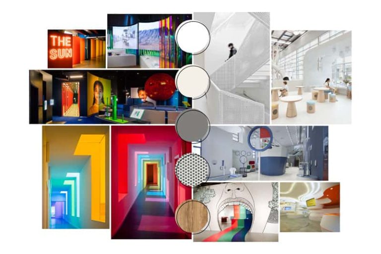 A moodboard of interactive spaces such as play zones, museums, brightly coloured lit areas. From BA Interior Design student Daisy Parkes' project repurposing a church interior