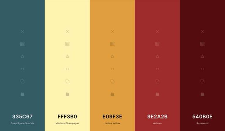 Colour palette swatches for BA Textile Design student Emma Strudwick's scarf project. Five swatches of colours, from blue, to cream, orange and read, to brown