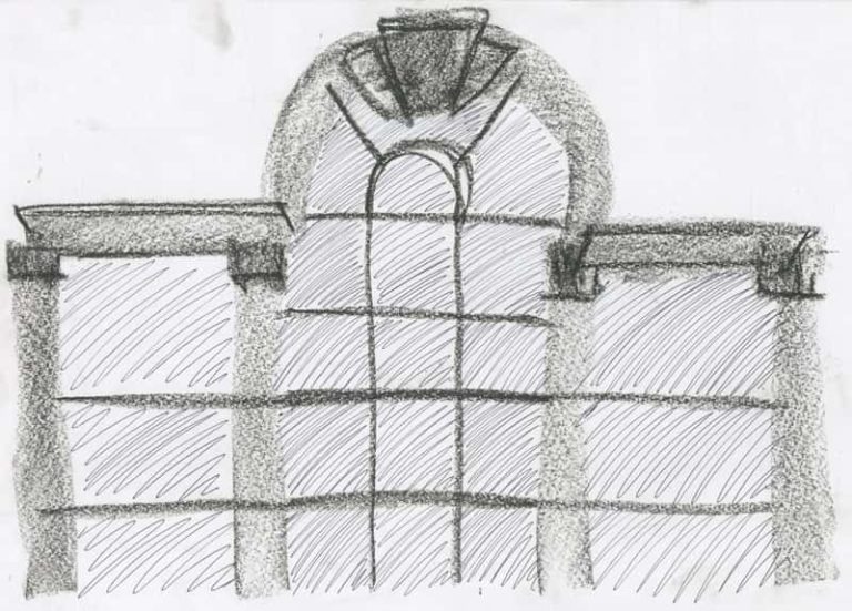 Pencil sketch of an arched window amongst concrete pillars. By BA Textile Design student Emma Strudwick