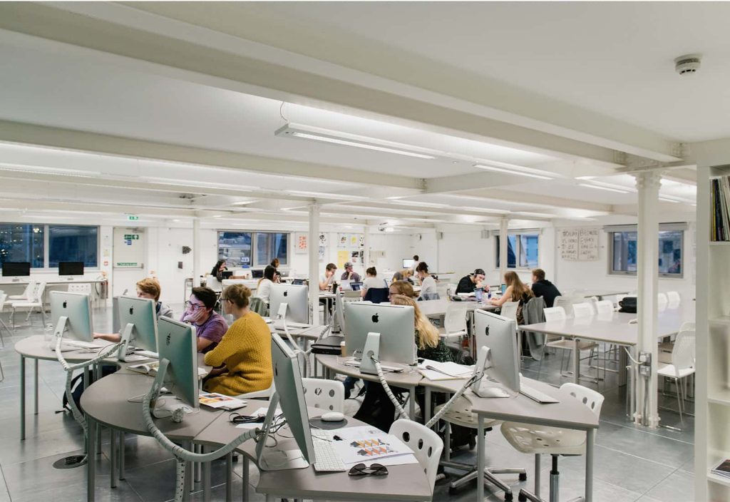 Students using the iMacs in the Graphics Studio