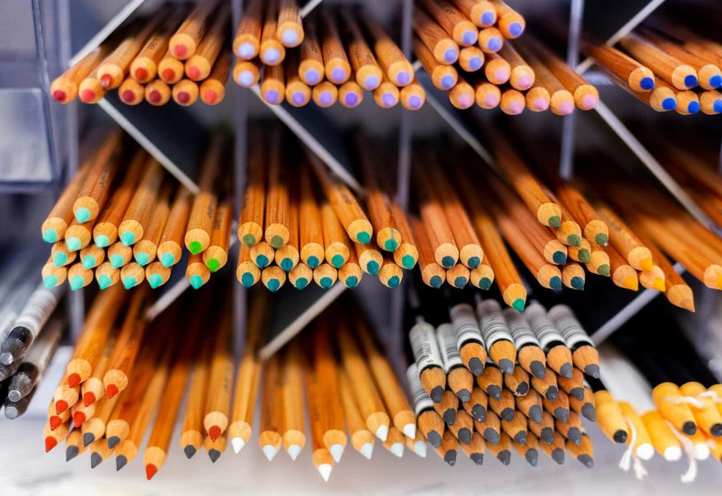 A display of brightly coloured pencils in the shop