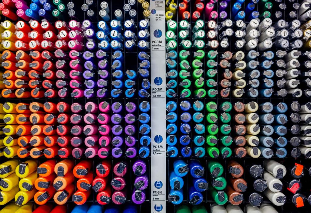 A full, very colourful display of artists markers on display at the shop