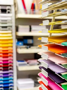 Colourful shelves of paper and card at the shop