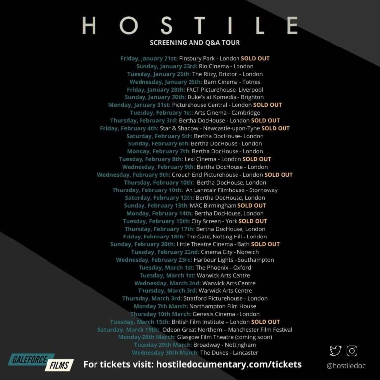 National Tour dates for Hostile documentary screenings.