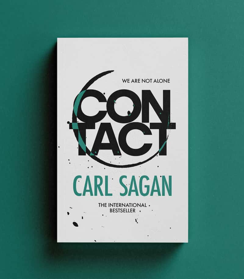 A front facing image of the next UK book cover design for Carl Sagan's contact, designed by BA Design for Publishing student Emily Shields. A majority white cover, with black lettering in capitals, spelling 'contact' over two lines. A thin, teal coloured crescent shape runs through the typography. The book cover is on a teal background.