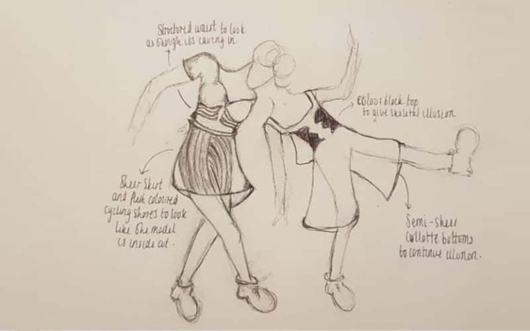 Sketchbook page from BA Fashion student Zoe Brooker's university interview portfolio. Two pencil sketches of figures in different positions, wearing dresses with annotations explaining the garment design choice and fabrics