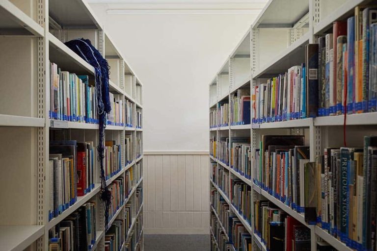 Work pictured hanging off of library shelves filled with books. Work is made from navy blue wool.