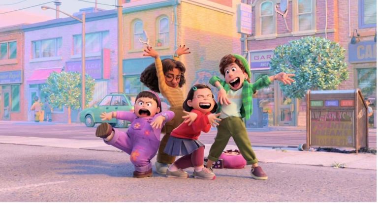 Pixars animated film Turning red. Pictured: charaters Mai Lee in red, Miriam Mendelsohn in green, Priya Manga in yellow, Abby Park in purple dancing in a group