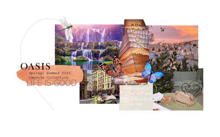 Visual Moodboard for "Life is Good" industry collaboration project for BA (Hons) Fashion. Pictured: Collage of spring-summer scenes, locations and insects