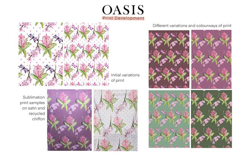 Examples of final prints by BA (Hons ) Fashion students for Oasis project. Prints feature delicate floral patterns in pinks, purples and greens.