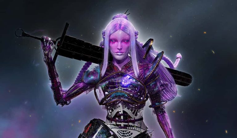 Games concept art of character with purple hair in a long ponytail holding a giant black sword. The character is robotic styled with circuits exposed on torso