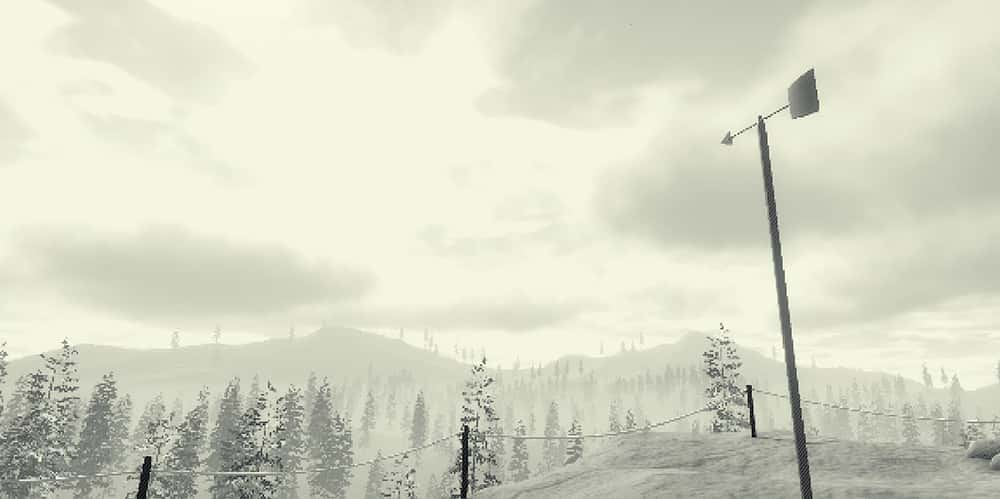 Games concept art of greyscale landscape with mountains and a forest. Foreground shows rope fence and telegraph pole.