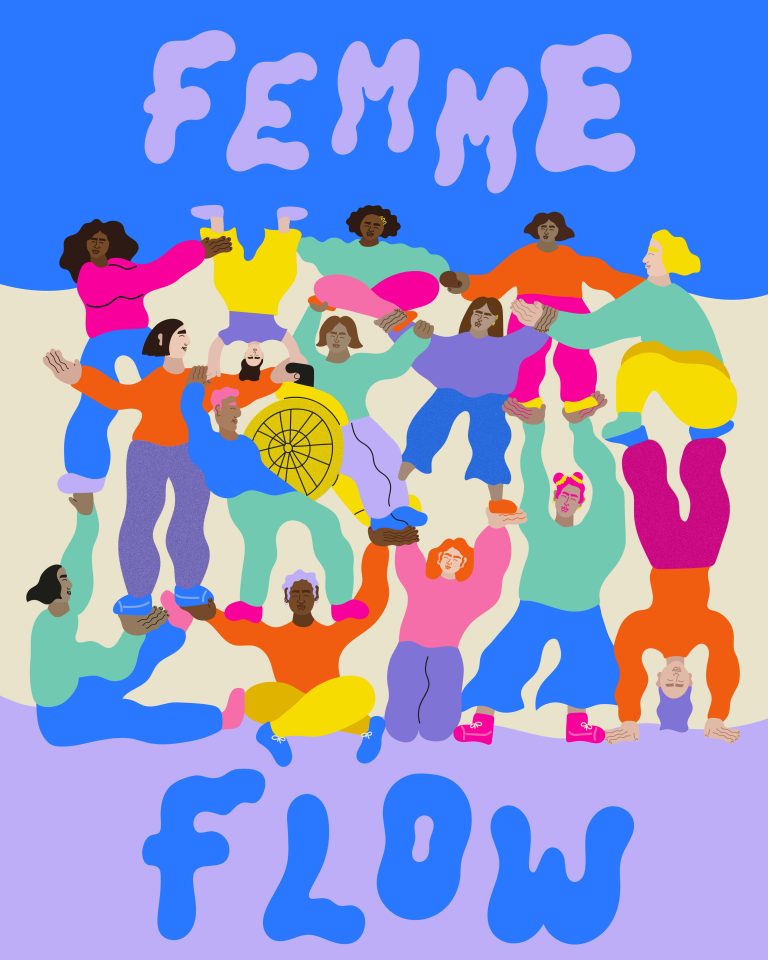 Femme Flow artwork by Erin Aniker showing several women and girls in brightly coloured clothes