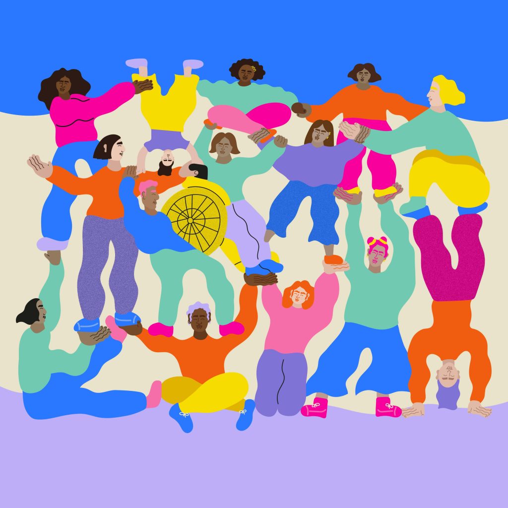 Femme Flow artwork by Erin Aniker showing several women and girls in brightly coloured clothes