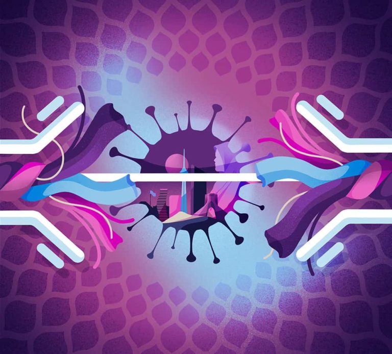 Illustration of purple, blue and pink veins snapping with a virus shape in the middle.