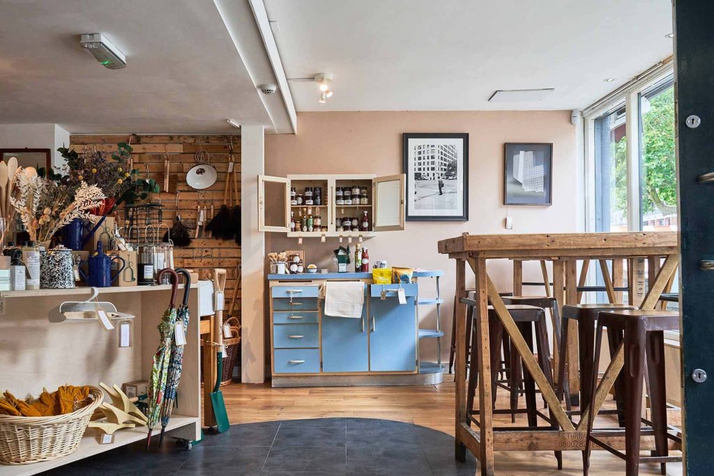 A shop in Norwich showing a table, sales areas with various items on