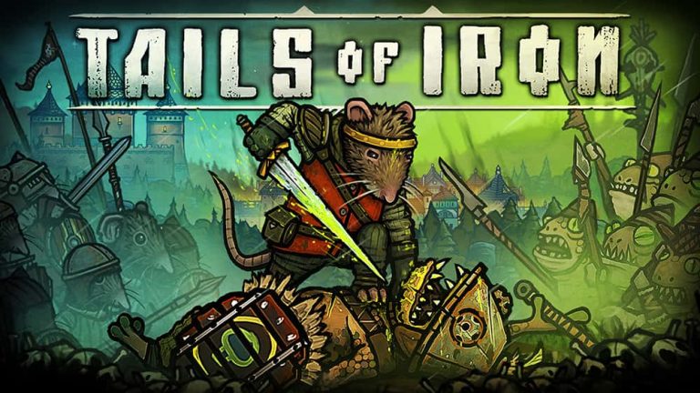 Tails of Iron main artwork: Image showing 2D medieval rat wearing red armoury standing on top of an armoured frog holding a shield.