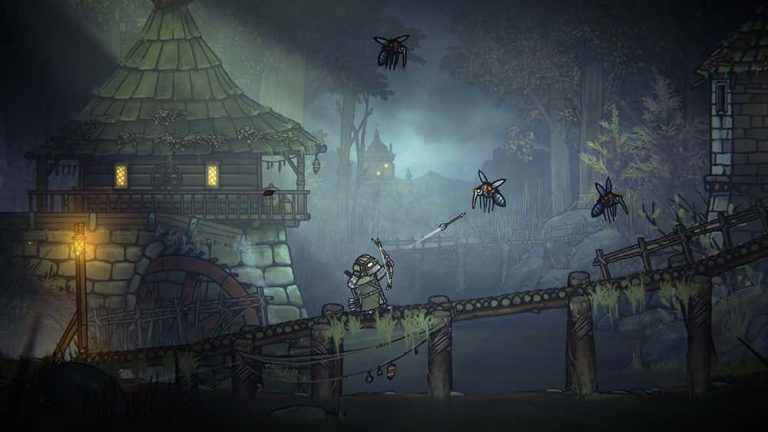 Image showing gameplay screen shot from Tails of Iron showing a 2D armoured rat fireing a bow and arrow at a mosquito