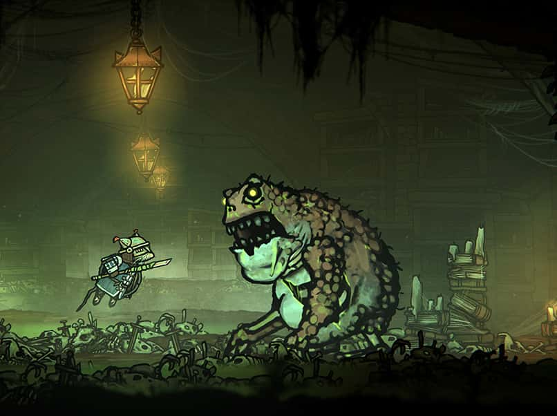 Image showing gameplay screen shot from Tails of Iron showing a 2D armoured rat jumping towards a giant frog in a misty crypt