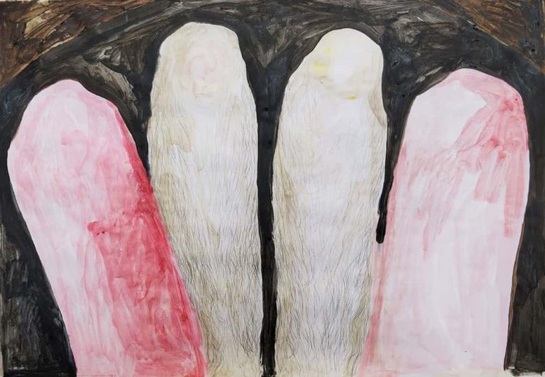 Paint of 2 lets of legs, one pink and one white with hair on a black background