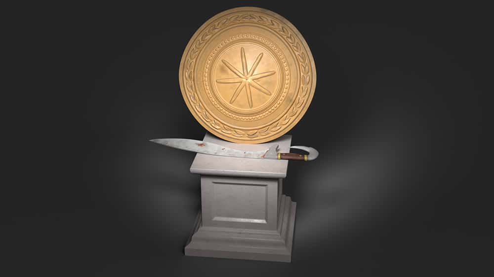 Image showing render of a grey plinth with sword and gong placed upon it. The gong has a star motif