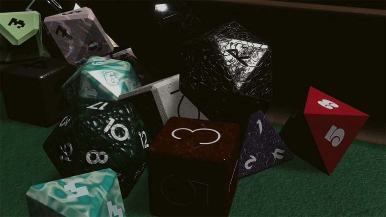 Image showing render of multiple sided dice in blacks, greens and reds on a green surface