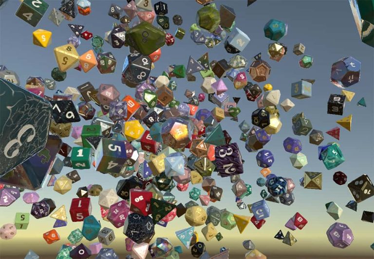 Image showing render of multiple sided dice in various colours falling from the sky