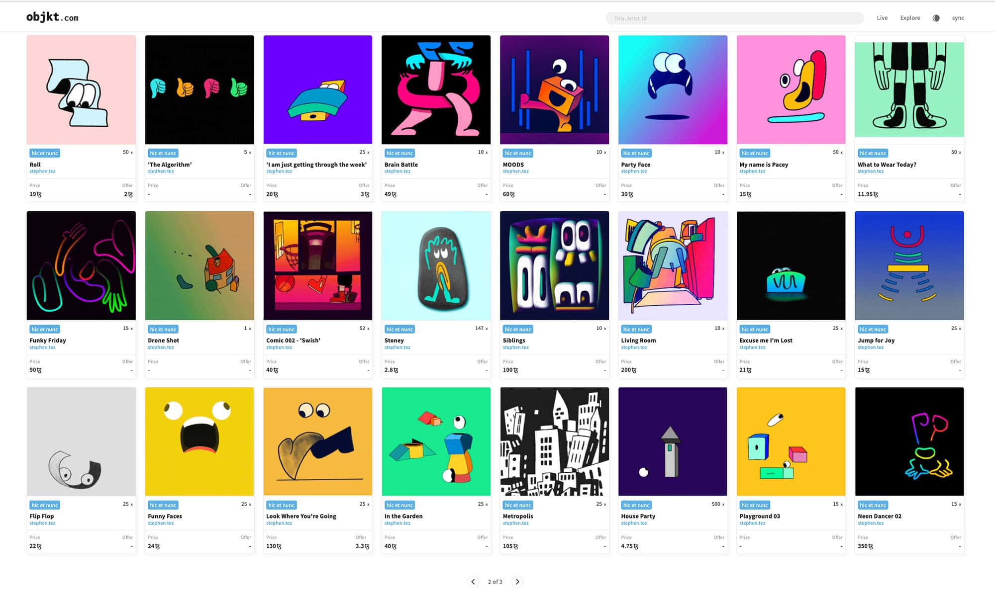 Screenshot of Stephen Ong's website showing very colourful NFT animations