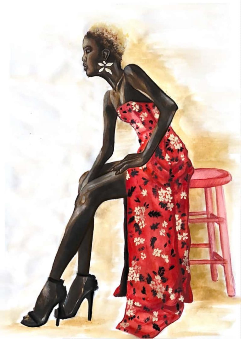 Watercolour style illustration of a black female model perching on a red stool. The model has shaved blonde hair, and is wearing a red strapless floor-length gown, with black and cream floral leaf pattern