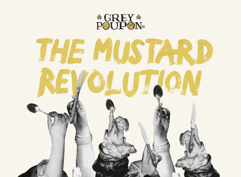 Five cutout black and white photos of royalty's hands, all holding cutlery pointing upwards. Above the collage, in brushed typography are the words 'The Mustard Revolution', coloured mustard yellow. Above this, the Grey Poupon logo.