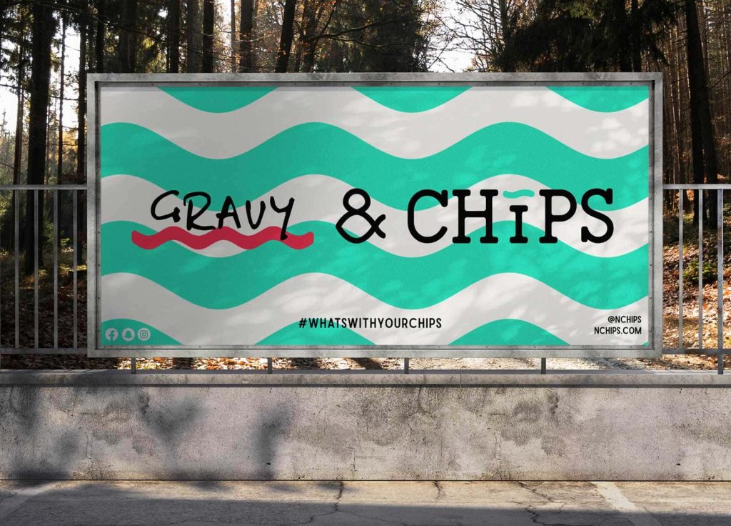 A billboard design of blue and white graphic wavy lines. On the billboard is an ampersand adapted to look like a fish, and the word 'chips' next to it. In a handwritten font before the ampersand is the word 'gravy', underlined with a pink wavy line. The billboard forms part of the 'nChips' campaign by Reiss Tozer, Iona Mound and Ben Mountford